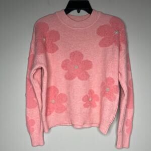 Nanette Lepore Soft Pink Fuzzy Flower & Pearl Crew Neck Sweater Size Small